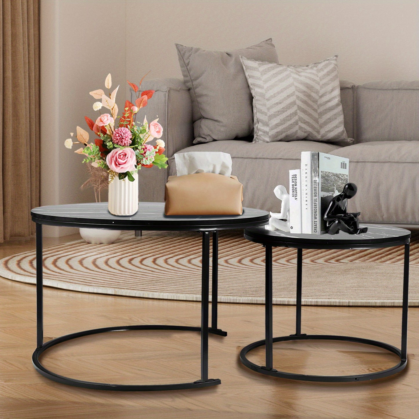 Nordic Salontafel – Woonkamer Tafel – Bijzettafel – Koffietafel – Set Van Twee – Zwart – Metalen Frame – Compact Formaat 45x45x70/38x38x50 cm