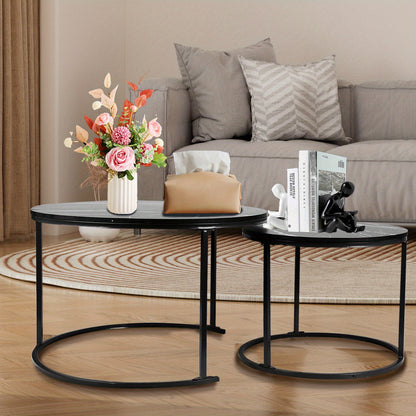 Nordic Salontafel – Woonkamer Tafel – Bijzettafel – Koffietafel – Set Van Twee – Zwart – Metalen Frame – Compact Formaat 45x45x70/38x38x50 cm