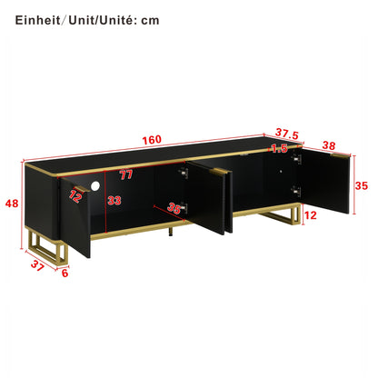 Modern Low-Profile 4-Door TV Stand Cabinet with Geometric Texture Panel Doors - Non-Wood TV Entertainment Center Suitable for Flat-Screen TVs, Easy Assembly, Space-Saving Design