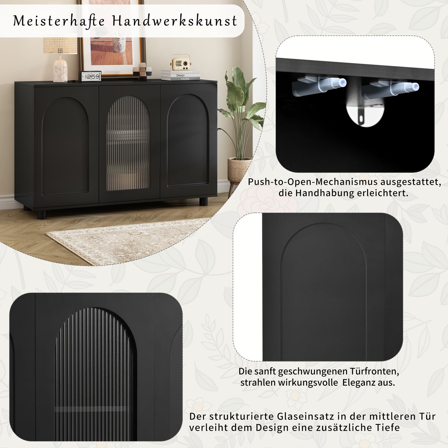 A Stylish And Black U-Shaped Storage Cabinet for The Entryway, Equipped with Compartments, Functioning As a Sideboard, And Showcasing Glass Doors Along with a Spring-Loaded Panel Design.