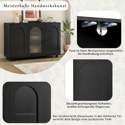 A Stylish And Black U-Shaped Storage Cabinet for The Entryway, Equipped with Compartments, Functioning As a Sideboard, And Showcasing Glass Doors Along with a Spring-Loaded Panel Design.