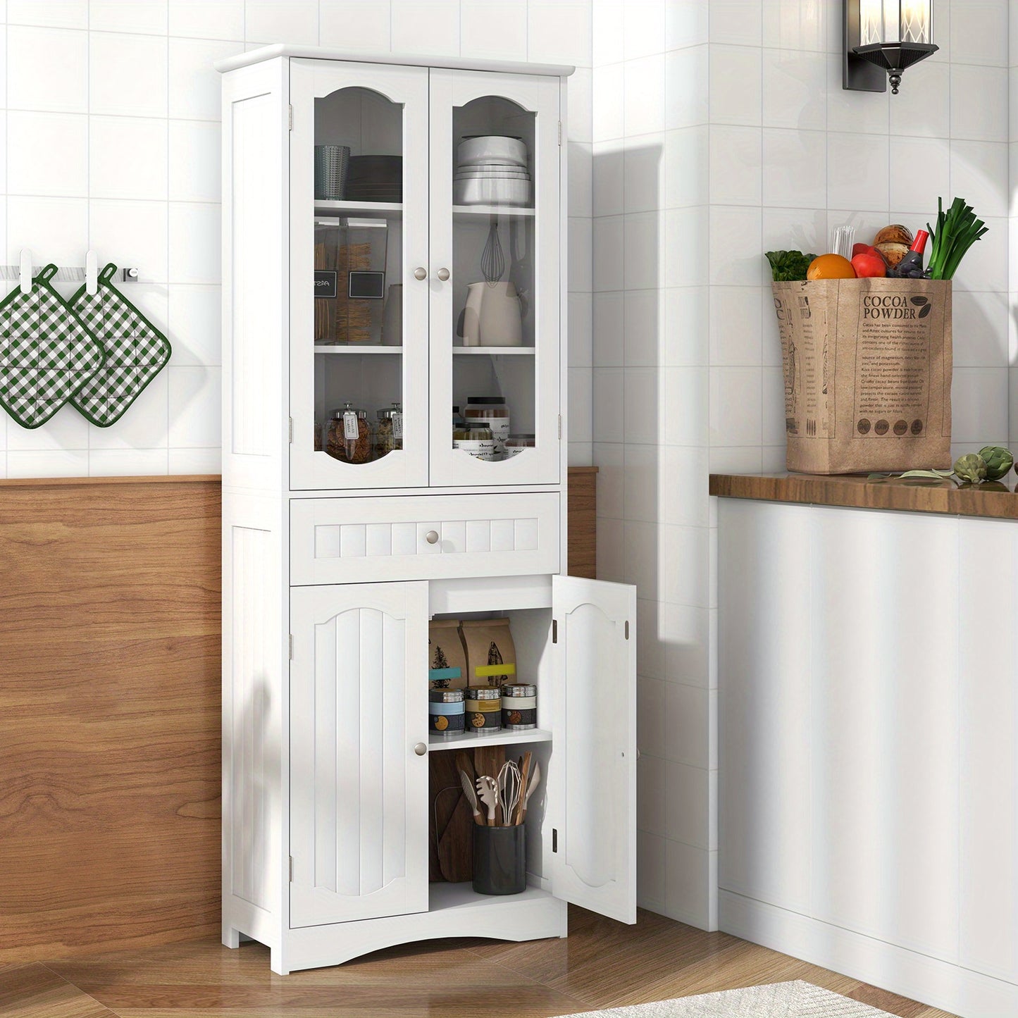 Badkamerkast – Badkamermeubel – Kolomkast – Opbergkast – Medicijnkast – Vrijstaand – MDF Met Geharde Glasdeuren – 160x60x30 cm