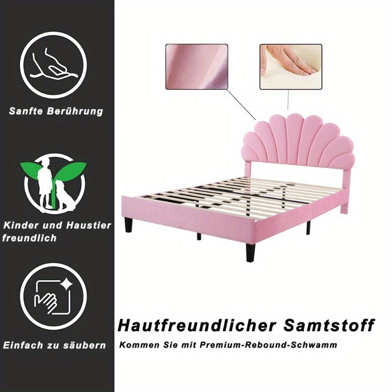 Tweepersoonsbed – Bedframe – Slaapbank – Logeerbed – Bed 140x200 cm – Roze Velours Stoffering – Gevlochten Lattenbodem