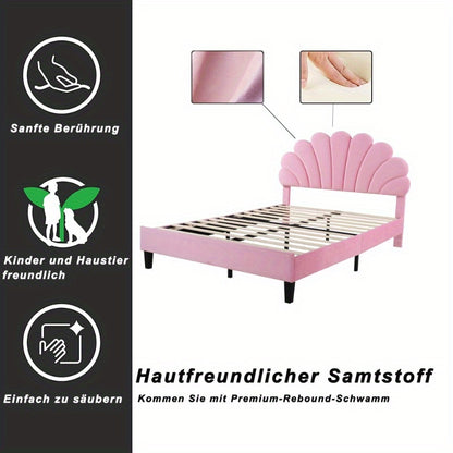 Tweepersoonsbed – Bedframe – Slaapbank – Logeerbed – Bed 140x200 cm – Roze Velours Stoffering – Gevlochten Lattenbodem