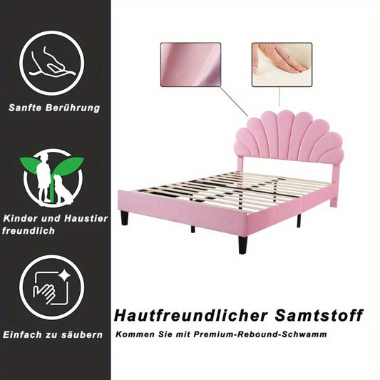 Tweepersoonsbed – Bedframe – Slaapbank – Logeerbed – Bed 140x200 cm – Roze Velours Stoffering – Gevlochten Lattenbodem