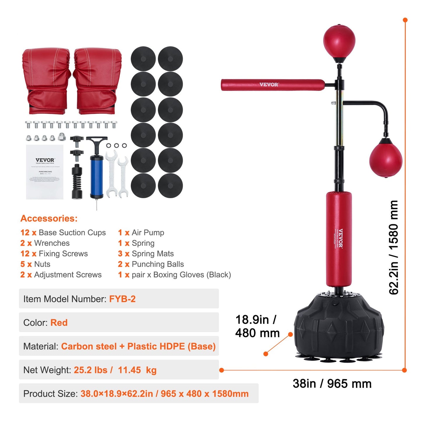 Bokszak – Stootzak – Boksbal – Punching Bag – Bokstrainer – Verstelbare Hoogte – Snelle Terugslag – Stevige Zuignapvoet – Inclusief Bokshandschoenen – Rood