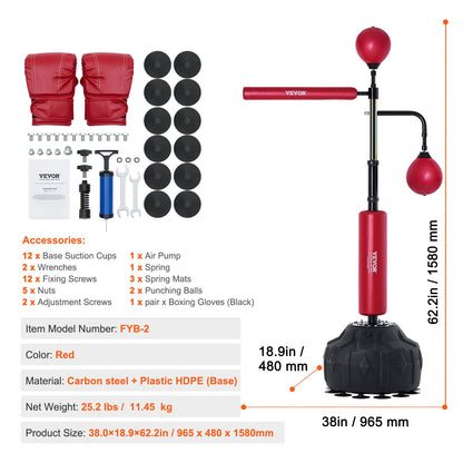 Bokszak – Stootzak – Boksbal – Punching Bag – Bokstrainer – Verstelbare Hoogte – Snelle Terugslag – Stevige Zuignapvoet – Inclusief Bokshandschoenen – Rood