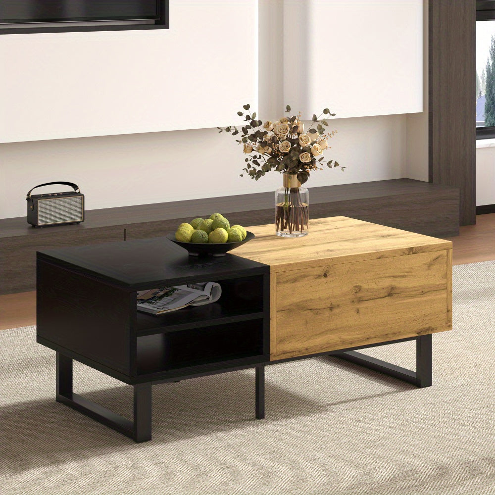 Salontafel – Woonkamertafel – Koffietafel – Bijzettafel – Tafel Met Lades – Burlywood Kleurvlakken – Hardhout En Metaal – Met Opbergruimte