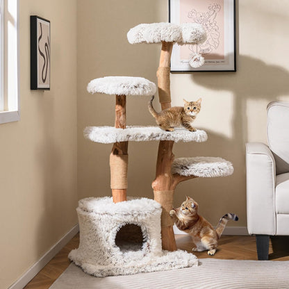 Krabpaal – Kattenboom – Kattenhuis – Krabmeubel – Kattentoren – Perenhout Constructie – Zacht Pluche Ligvlak – 135 cm Hoog