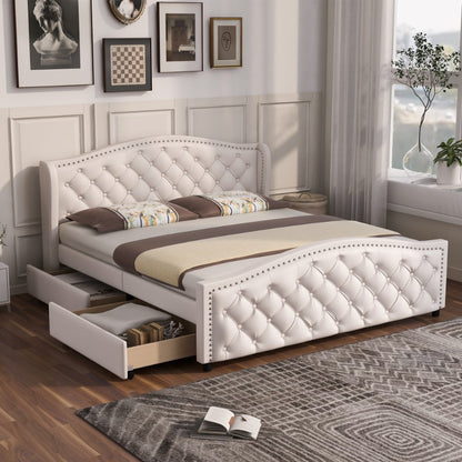 Polsterbett 140x200 cm – Gestoffeerd Bed – Tweepersoonsbed – Slaapbank – Guestbed – Met Metalen Frame – Tufted Hoofdbord – 2 Opberglades – Comfortabel & Stijlvol