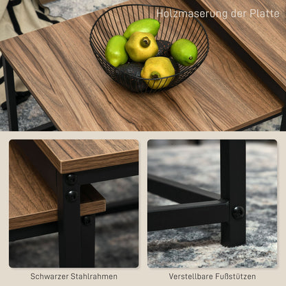 Salontafel Set – Bijzettafel – Koffietafel – Tafeltje – Tafel Duo – Industrieel Design – Zwart Stalen Frame – Houtlook Tafelblad