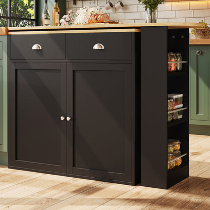 360° Rotating Modern Storage Island with 2 Drawers, 2 Doors & Open Shelves - Multi-Functional Black Cabinet with Spacious Countertop, Space-Saving Design for Kitchen, Living Room, Bedroom - Durable Metal Construction, Floor-