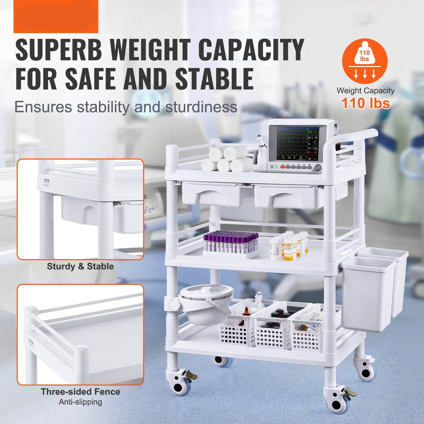 Medische Trolley – Mobiele Werkkar – Opslagwagen – Laboratoriumkar – Kliniektrolley – 3 Lagen Met 3 Afvalbakken – Duurzaam PP-Materiaal – 4 Stille Wielen
