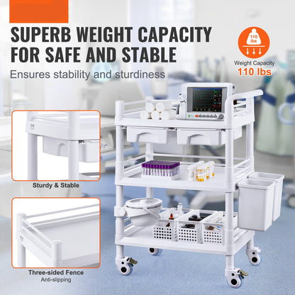 Medische Trolley – Mobiele Werkkar – Opslagwagen – Laboratoriumkar – Kliniektrolley – 3 Lagen Met 3 Afvalbakken – Duurzaam PP-Materiaal – 4 Stille Wielen