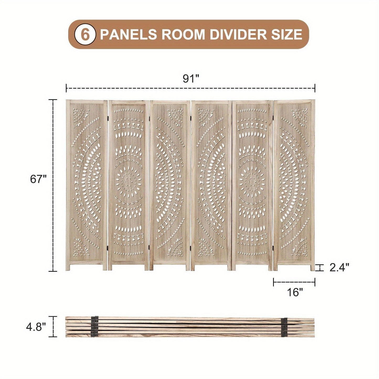 Houten Kamerscherm – Room Divider – Ruimteverdeler – Scheidingswand – Vouwscherm – 6 Panelen Massief Hardhout – Fraai Uitgesneden Bloemmotief – Vrijstaand En Inklapbaar – Lichtbruine Houtkleur