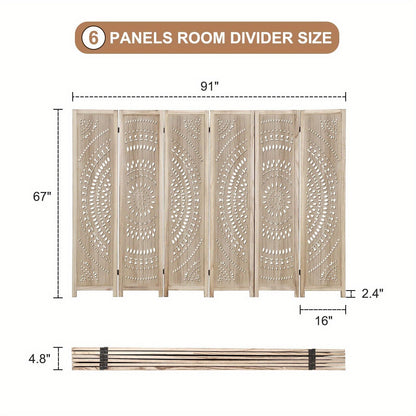 Houten Kamerscherm – Room Divider – Ruimteverdeler – Scheidingswand – Vouwscherm – 6 Panelen Massief Hardhout – Fraai Uitgesneden Bloemmotief – Vrijstaand En Inklapbaar – Lichtbruine Houtkleur