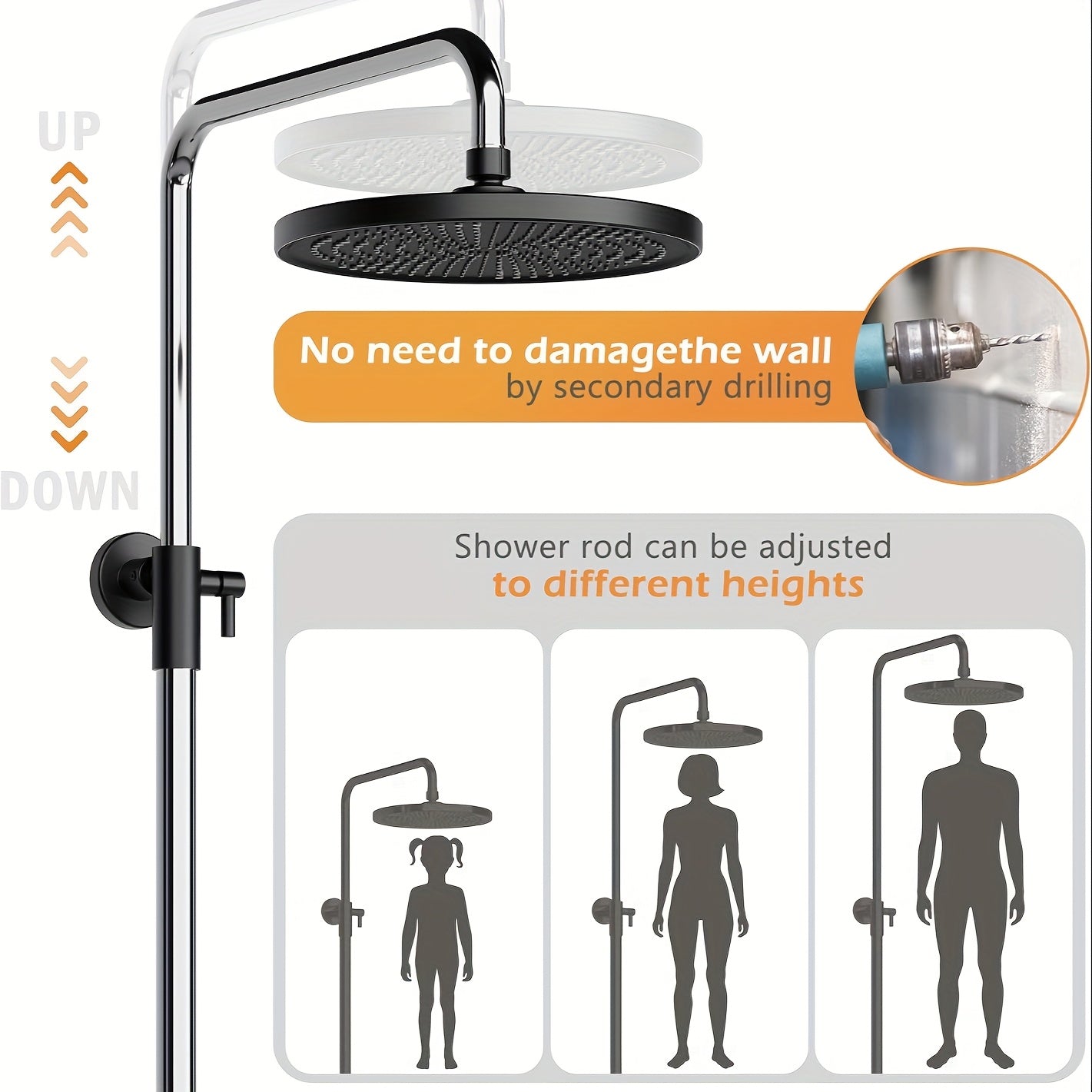 Handdouche – Doucheset – Douchekop – Regenkop – Handdouche Zwart – 3 Sproeistanden – Verstelbare Lengte 98-130 cm – Geïntegreerde Opbergruimte