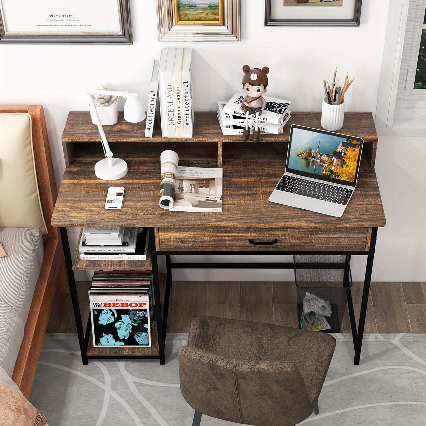 Computertafel – Bureau – PC Tafel – Werktafel – Kantoortafel – Rustiek Bruin – Met Monitorstandaard – ruime Lade en Opbergruimte – Stabiel Metalen Frame – 120x56x90,5 cm