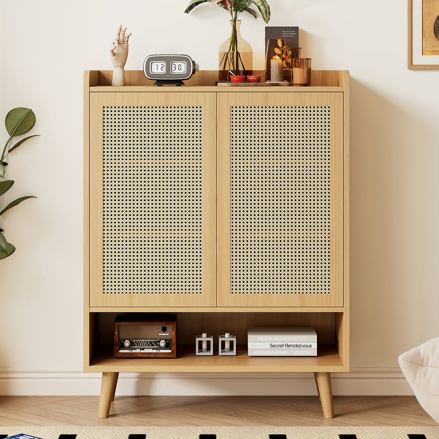 Schoenenkast – Schoenenopberger – Halkast – Schoenenrek – Schoenenbank – Modern Rotan – Dubbele Deuren – 5 Verstelbare Planken – Vrijstaand – 80 cm Breed – 27+ Inch Hoog – Natuurlijke Beige