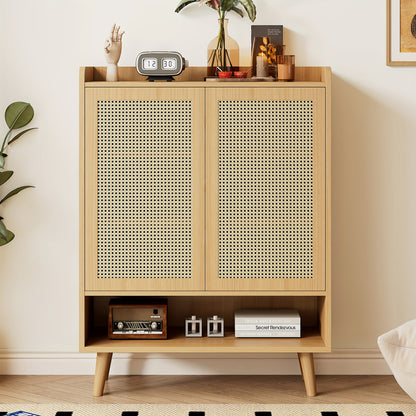 Schoenenkast – Schoenenopberger – Halkast – Schoenenrek – Schoenenbank – Modern Rotan – Dubbele Deuren – 5 Verstelbare Planken – Vrijstaand – 80 cm Breed – 27+ Inch Hoog – Natuurlijke Beige