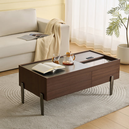 Salontafel – Woonkamertafel – Koffietafel – Side Table – Brewing Variant – Donkerbruin Houtlook Met Glazen Tafelblad – Verborgen Opbergruimte Met Schuifdeksel
