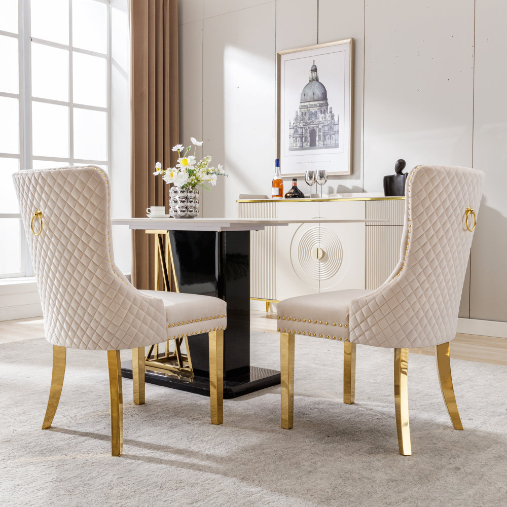 Eetkamerstoelen – Stoelen – Kuipstoelen – Keukenstoelen – Dining Chairs – Set van 2 – Beige Velvet Bekleding – Gouden Metalen Poten met Nagelrand