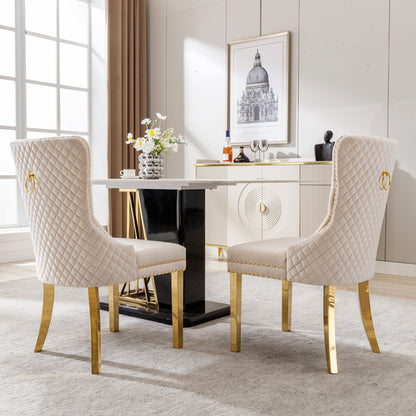 Eetkamerstoelen – Stoelen – Kuipstoelen – Keukenstoelen – Dining Chairs – Set van 2 – Beige Velvet Bekleding – Gouden Metalen Poten met Nagelrand