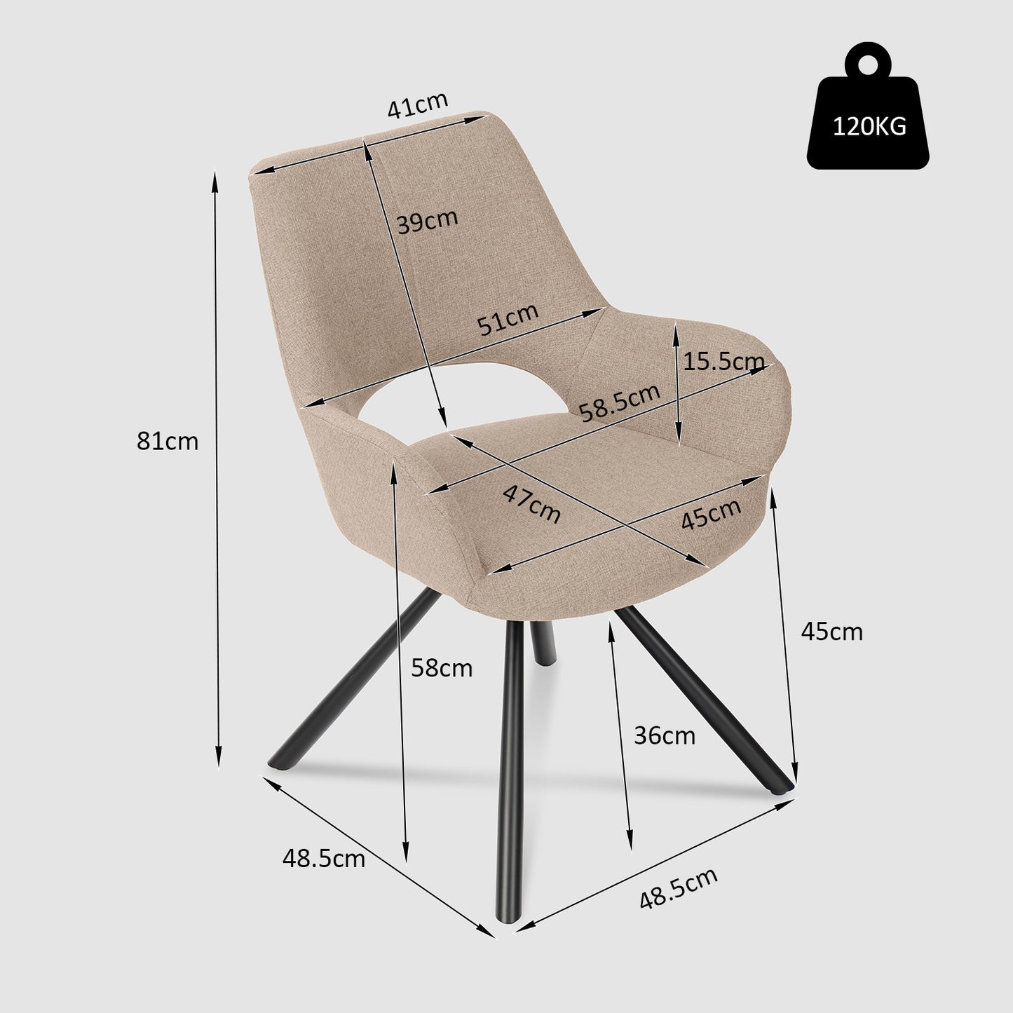 Eetkamerstoel – Stoel – Kuipstoel – Armstoel – Dining Chair – Scandinavisch Design – Comfortabele Stoffering – Metalen Poten 58,5x59x81 cm