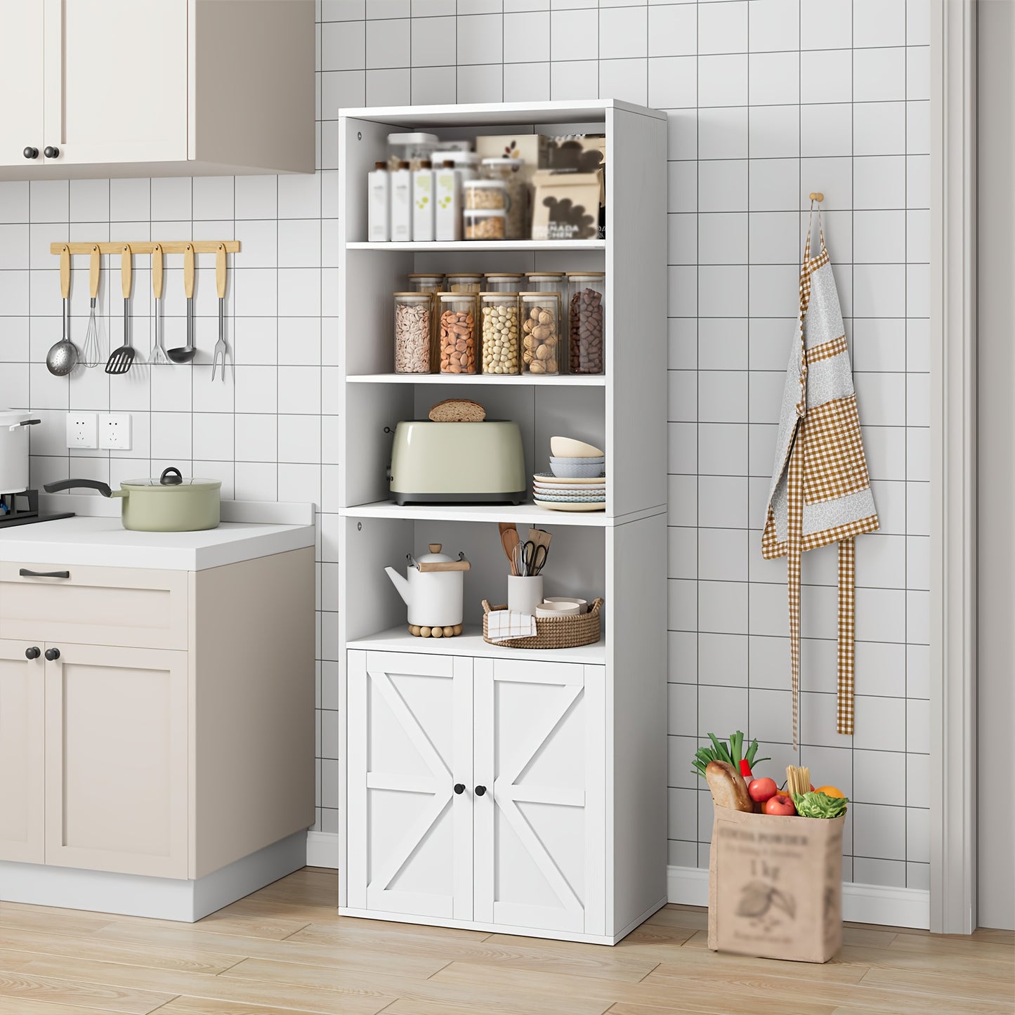 Industrial Farmhouse Bookcase with Doors - Extra Tall 181.36cm Tall Bookshelf, Heavy-Duty Hardwood Construction, No Assembly Needed, Modern Farmhouse Storage Cabinet with Doors for Living Room, Home Office, Bedroom - Space-Sa