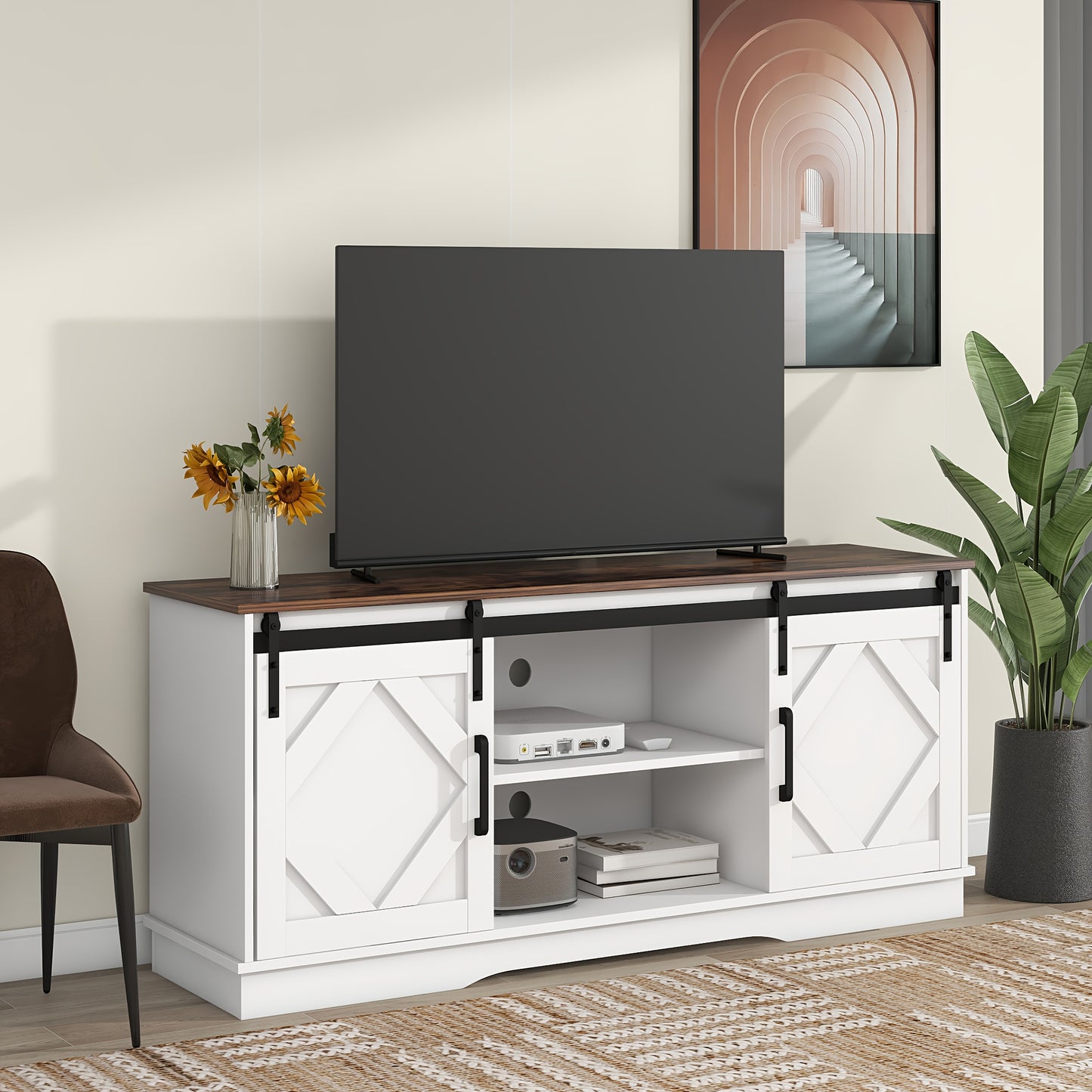 tv meubel – tv kast – tv meubelen – lowboard – dressoir – Wit – Met 2 schuifdeuren – Verstelbare planken