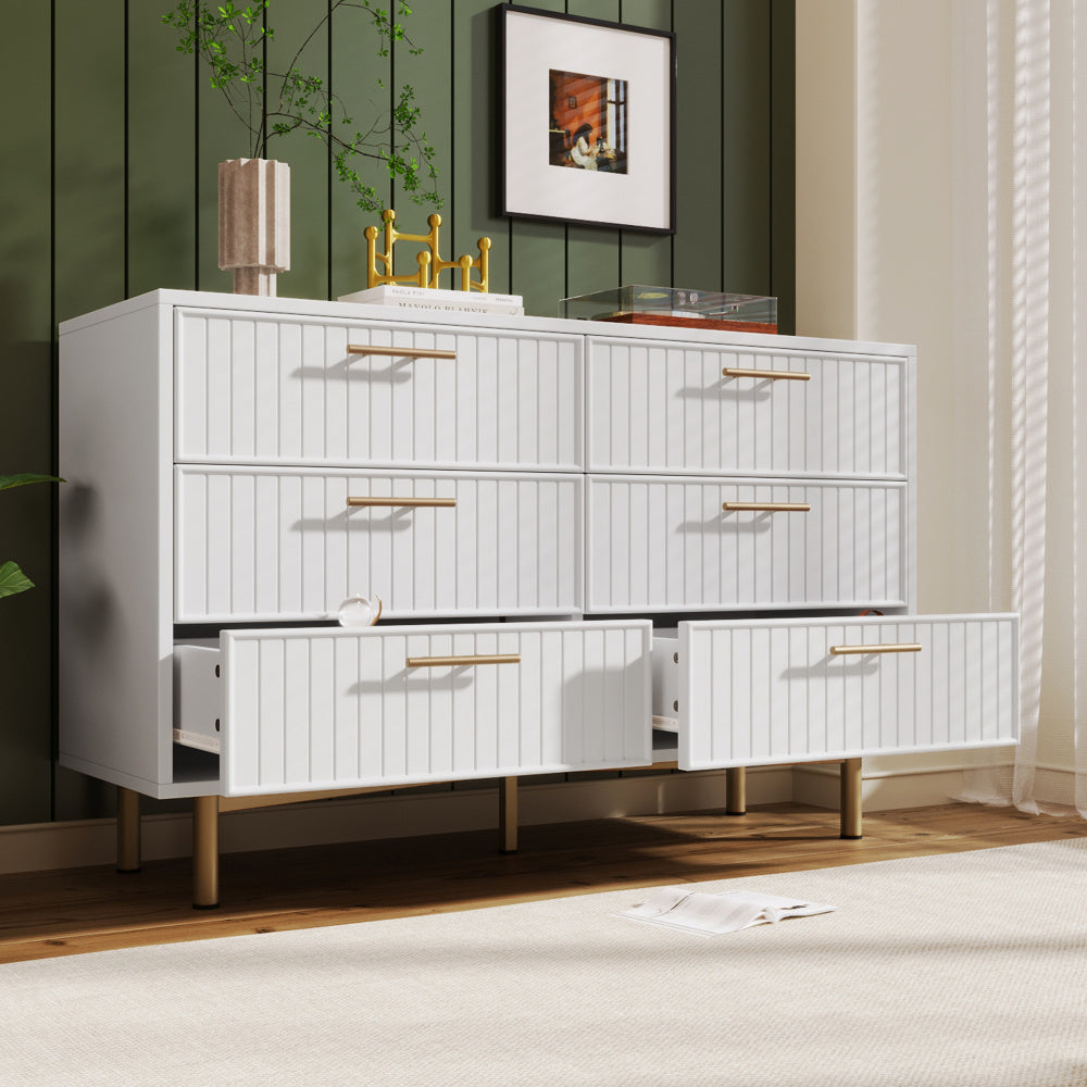 Ladekast – Ladenkast – Kommode – Dressoir – Opbergkast – Wit – 6 Lades – Compact Design Met Gouden Handgrepen – 68,5 cm Hoog