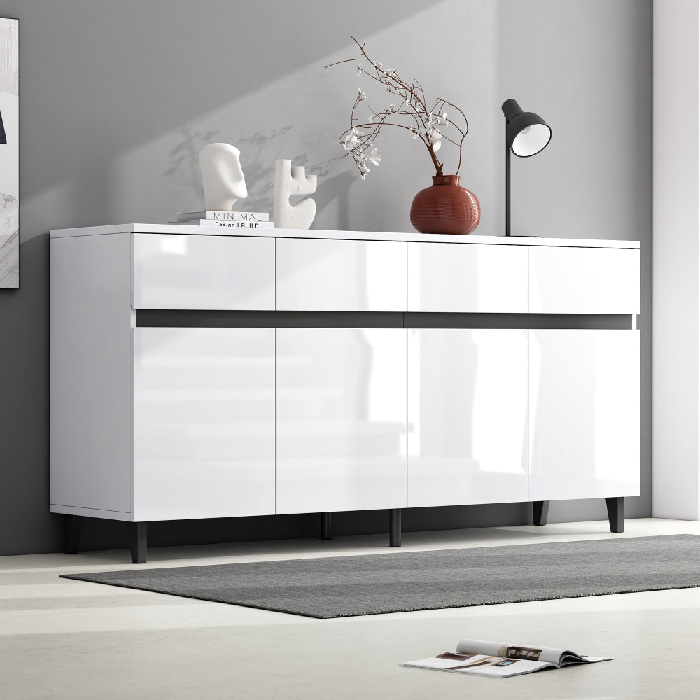 Moderne Kast – Opbergkast – Ladekast – Hoogglans Kast – Dressoir – Wit Hoogglans – 4 Ruime Lades – Verstelbare Planken