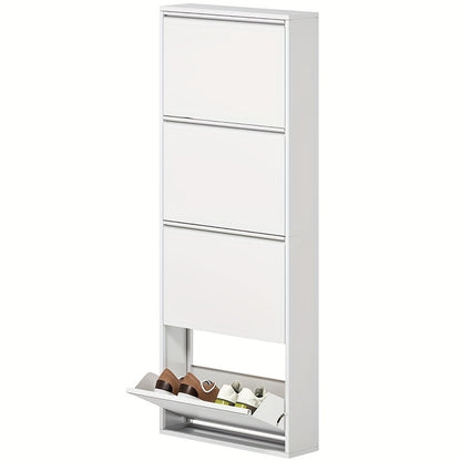 Narrow Metal Schoenkast – Smalle Schoenenkast – Wandgemonteerde Schoenenrek – Schoenopberger – Schoenenschap – Wit – Ruimtebesparend – 4 Kleppen Voor 8 Paar – 55x15x139,5 cm