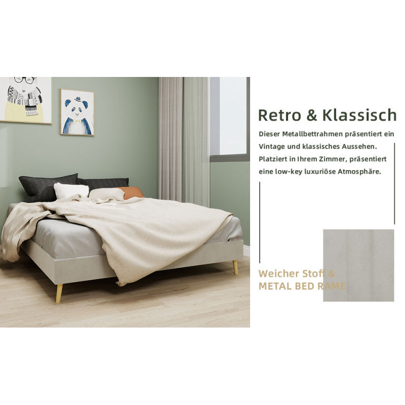 Bedframe – Bed – Tweepersoonsbed – Platformbed – Slaapbank – Gestoffeerd – 160x200 cm – Beige Velvet – Stabiel Metalen Frame – Eenvoudige Montage