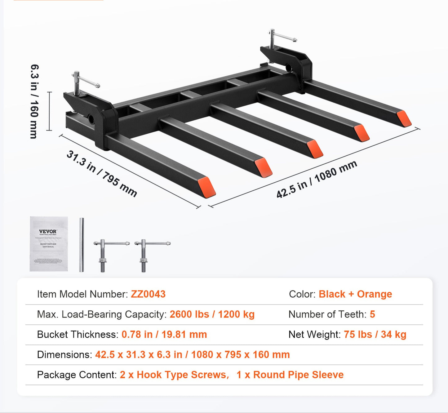 Debris Forks – Vorken – Takkenvork – Tractorvork – Afvalvork – 48 Inch – Maximale Draagkracht 1180 kg – Anti-Roest Coating