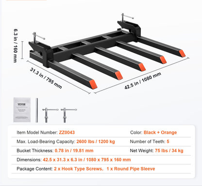 Debris Forks – Vorken – Takkenvork – Tractorvork – Afvalvork – 48 Inch – Maximale Draagkracht 1180 kg – Anti-Roest Coating