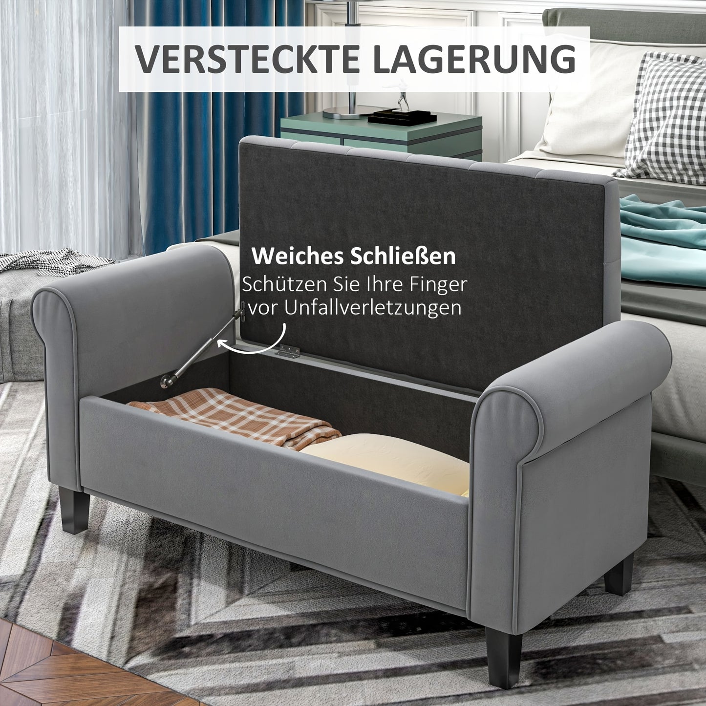 Opbergbankje – Zitbank – Halbank – Opbergkist – Opbergbox – Gestoffeerd Velvet – 120 kg Draagvermogen – 126x48,5x47 cm Grijs
