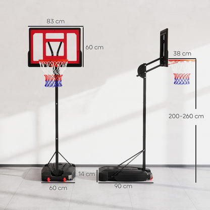 Basketbalring – Basketbalbord – Basketbalnet – Basketbalsysteem – Basketbaldoel – Verstelbaar 200-260 cm – Met Wieltjes – Rood – Voor Buitengebruik