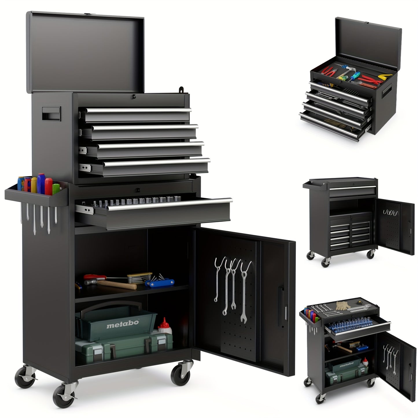 Industriële Gereedschapswagen – Werkplaatswagen – Mobiele Gereedschapskast – Opbergkast – Gereedschapskist – 5 Laden + Verstelbare Plank – Zwart Metalen Heavy-Duty Ontwerp 59x28x102 cm