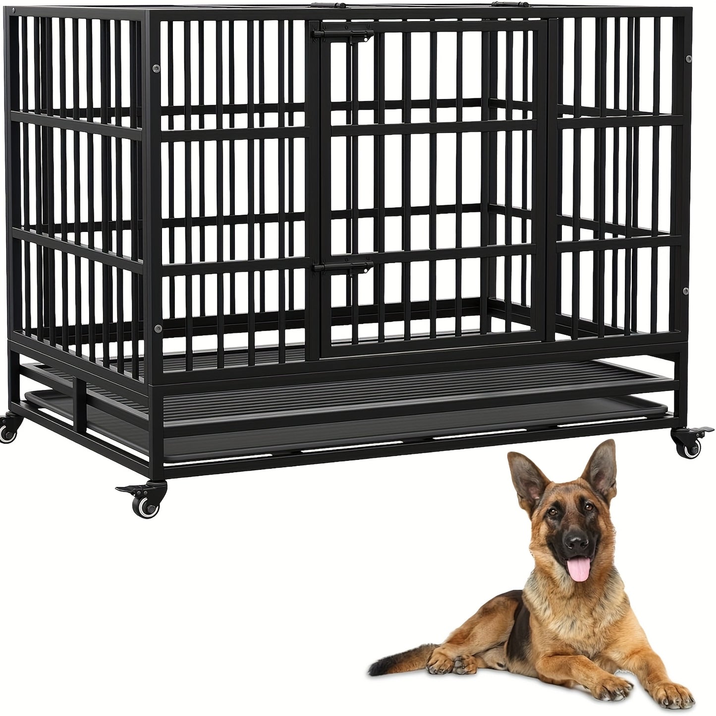 Hondenbench – Hondenkooi – Bench – Huisdierkooi – Transportkooi – Dubbele Deuren – Roestvrij Staal – 94x58x73 cm – Opvouwbaar – 360° Wieltjes – Uitneembare Lade