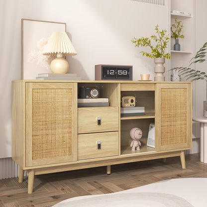 Bamboekast – Opbergkast – Ladekast – Kast – Boekenkast – Vloerstaande Kast – 3 Schuifdeuren – 2 Lades – Duurzaam Bamboe – Ruime Opbergruimte 155x38x80 cm