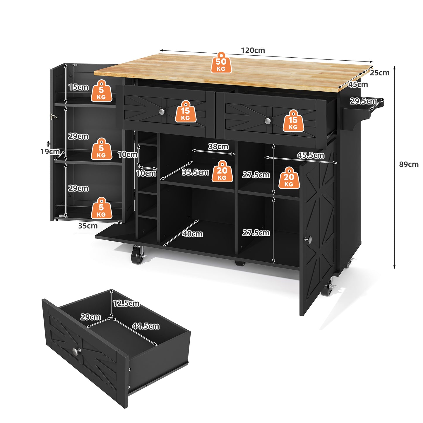 Keukentrolley – Keukenwagen – Serveerwagen – Keukenrek – Keukenkast – Uitklapbaar Werkblad – MDF Houtlook – Verrijdbaar met Vergrendelbare Wielen – 120x45(70)x89 cm – Zwart