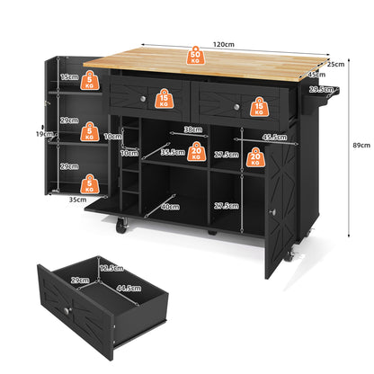 Keukentrolley – Keukenwagen – Serveerwagen – Keukenrek – Keukenkast – Uitklapbaar Werkblad – MDF Houtlook – Verrijdbaar met Vergrendelbare Wielen – 120x45(70)x89 cm – Zwart