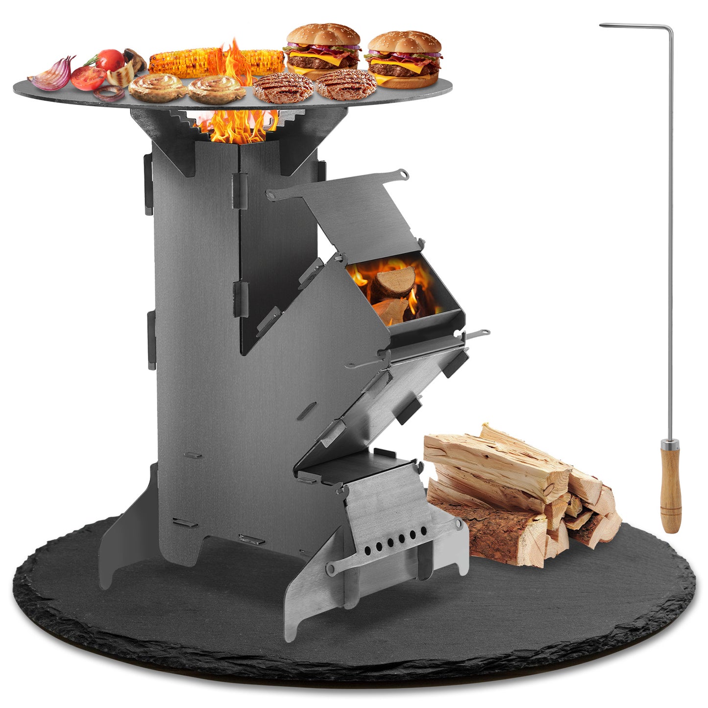 Raketkachel – Houtkachel – Campingkachel – Buitenkachel – Pelletkachel – Carbon Staal 3mm – Inclusief Grillplaat & Brandhaak