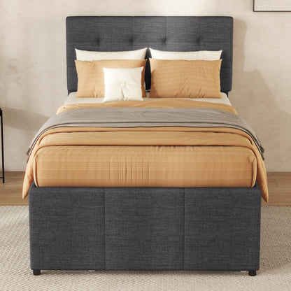 Bedombouw – Familiebed – Uitschuifbed – Opbergbed – Gestoffeerd Bed – 90x200 cm Slaapoppervlak – 3 Grote Lades – Verstelbaar Hoofdbord – Grijze Linnenstof