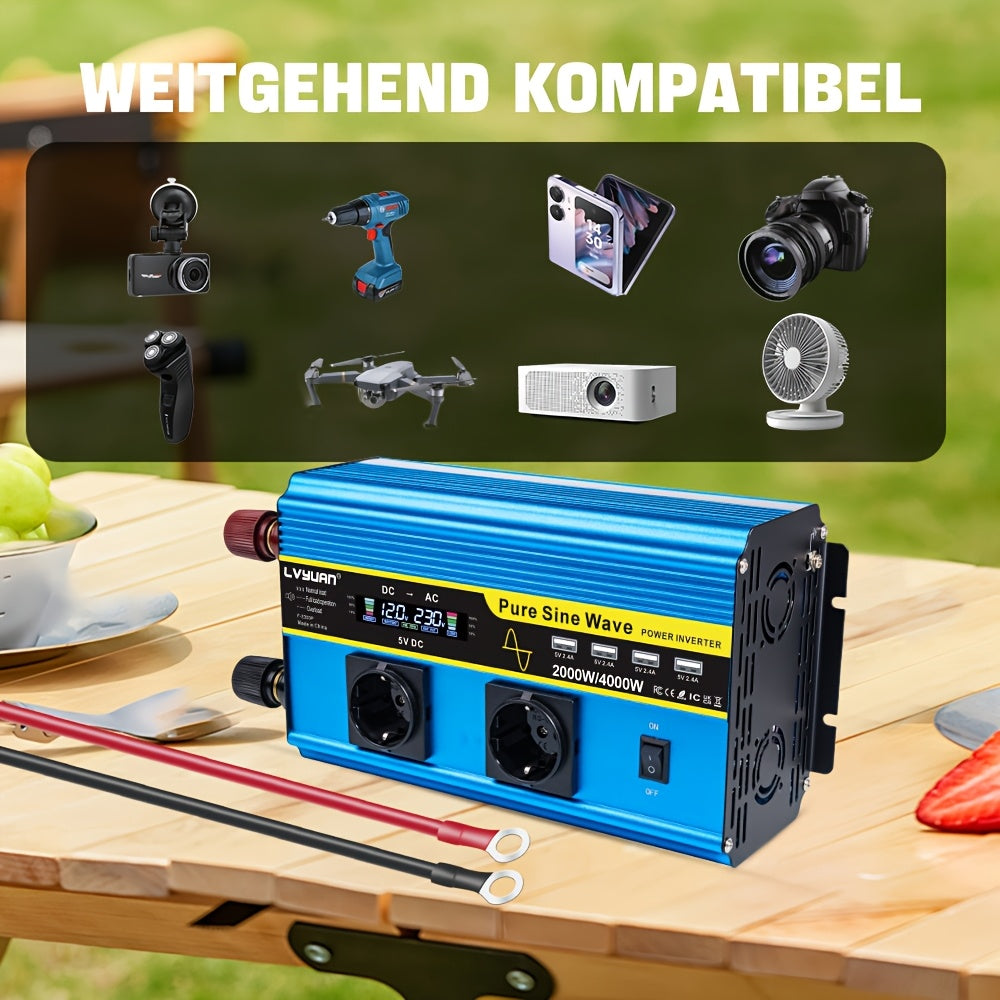 Omvormer Auto – Stroomadapter – Spanningsomzetter – Inverter – Converter – 2000W Continu Vermogen – Pure Sinusgolf Met LCD Display