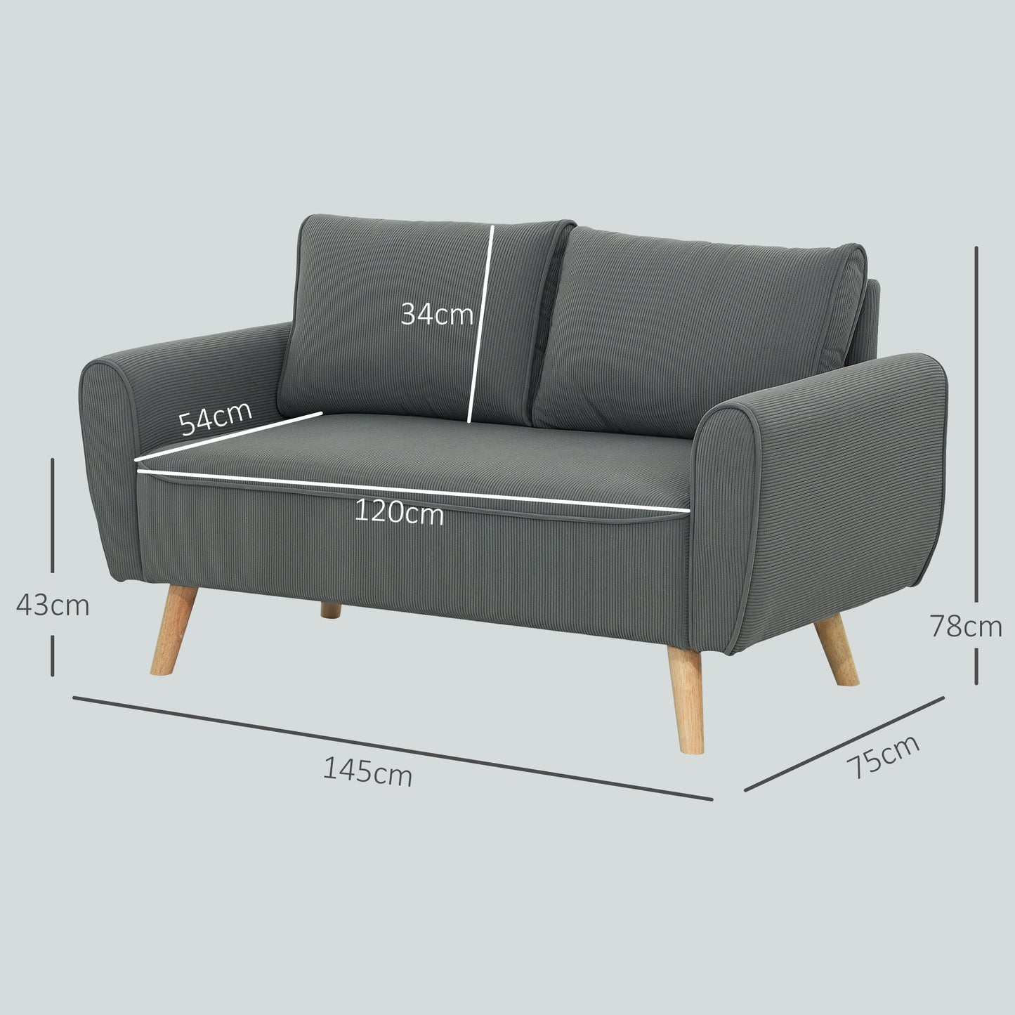 Bankstel – Tweezitsbank – 2-Zitsbank – Sofa – Bank – Donkergrijs Corduroy – Compact 145x75x78 CM – Inclusief 2 Rugkussens