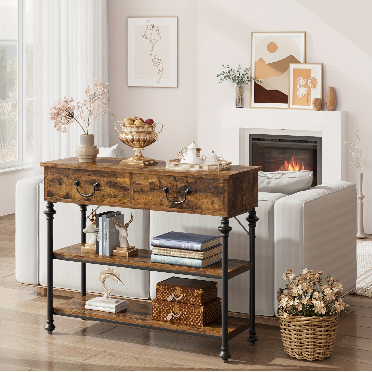 Sidetable – Console Tafel – Haltafel – Sofa Tafel – Opbergmeubel – Smal Ontwerp – 2 Lades & Open Planken – Metalen Frame & Houten Blad – Grijs