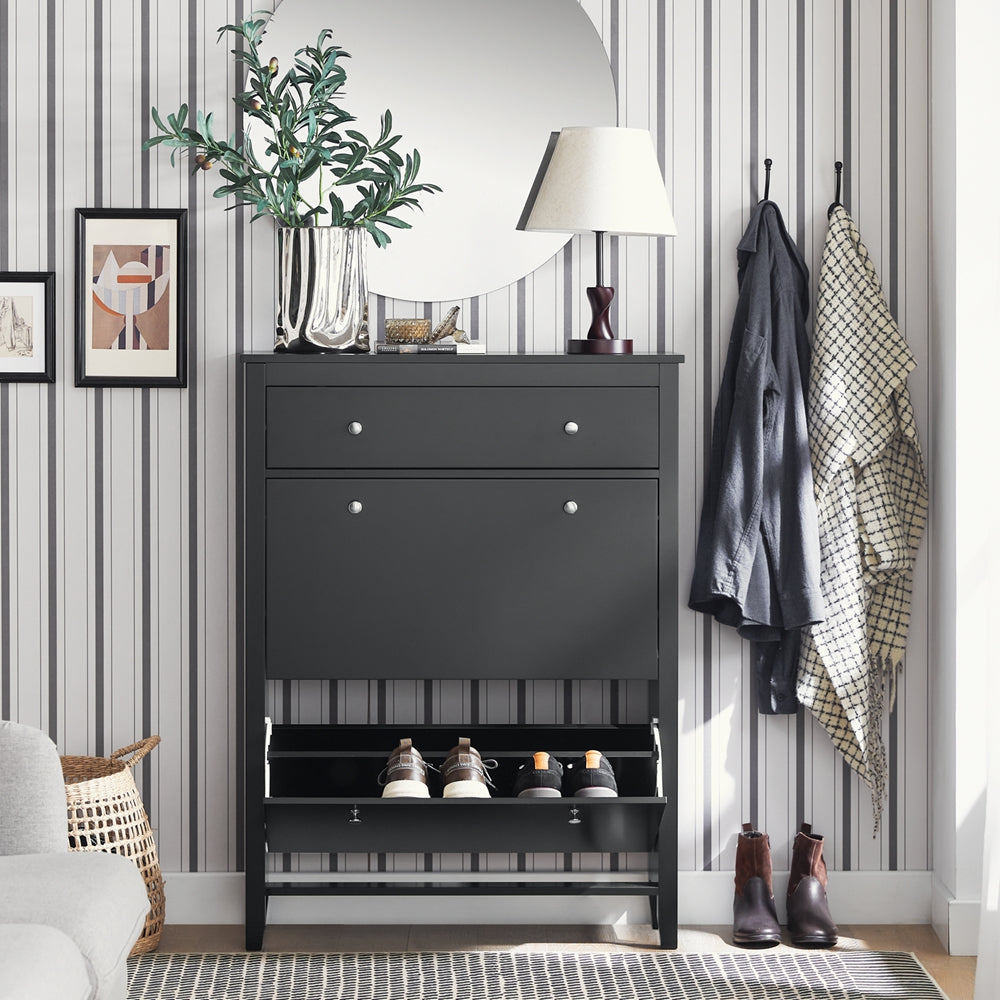 Schoenenkast – Schoenenopberger – Schoenenrek – Schoenenkastje – Schoenenmeubel – 2 Deuren – Grote Lade – Smal Design – Zwart Hout