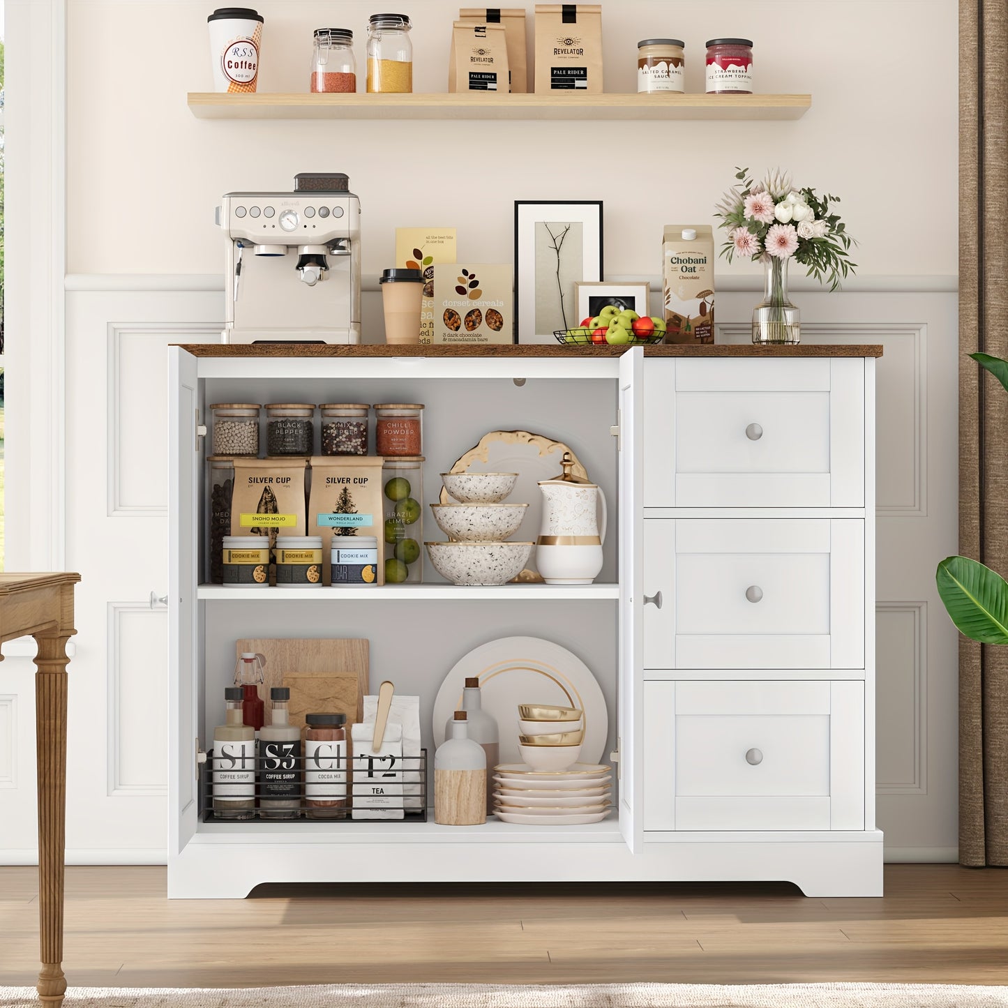 Kealive Modern White & Brown Storage Cabinet with Countertop - Freestanding Kitchen Buffet Sideboard with 3 Drawers & Doors, Heavy-Duty Particleboard Construction, 68.58cm+ Height, 3.2 Cu Ft Capacity, Easy Assembly for Kitche